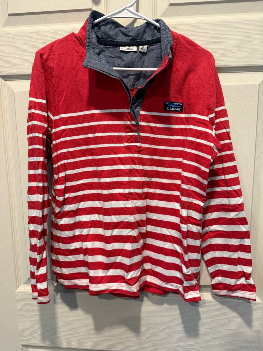 L.L. Bean Red and White Striped Quarter-Button Pullover